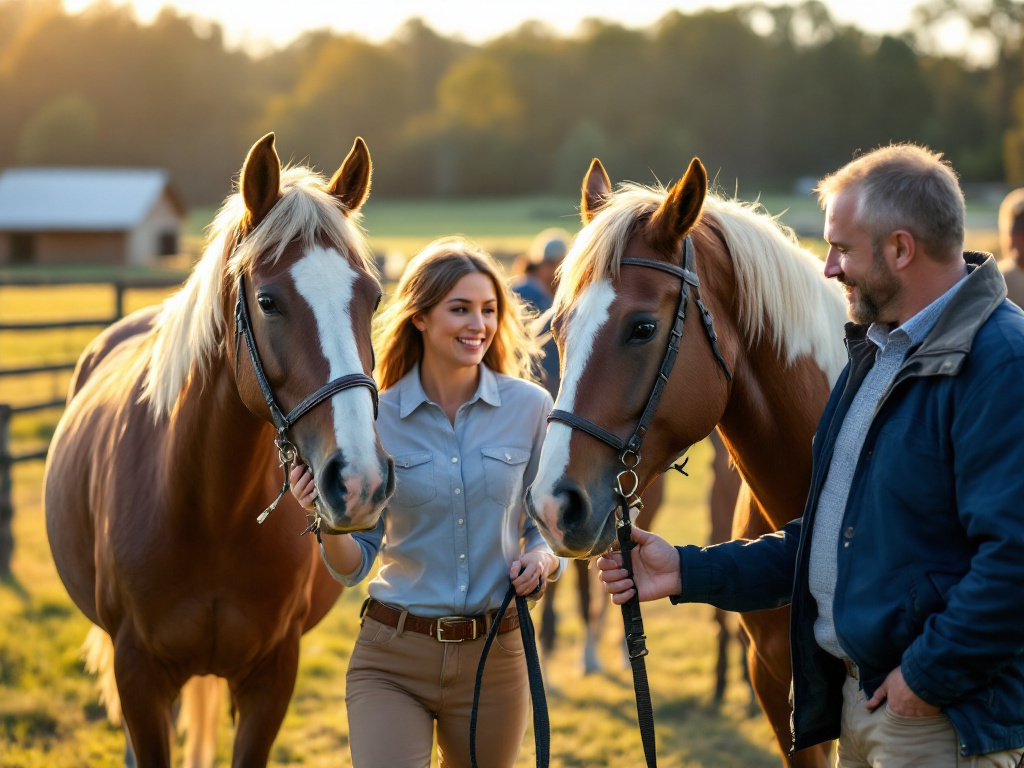 Donna sorridente che tiene per le briglie due cavalli in un campo al tramonto