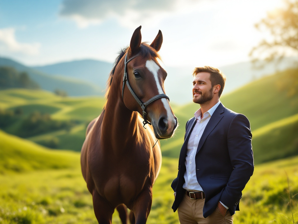 Uomo in abito elegante accanto a un cavallo in un paesaggio collinare al tramonto